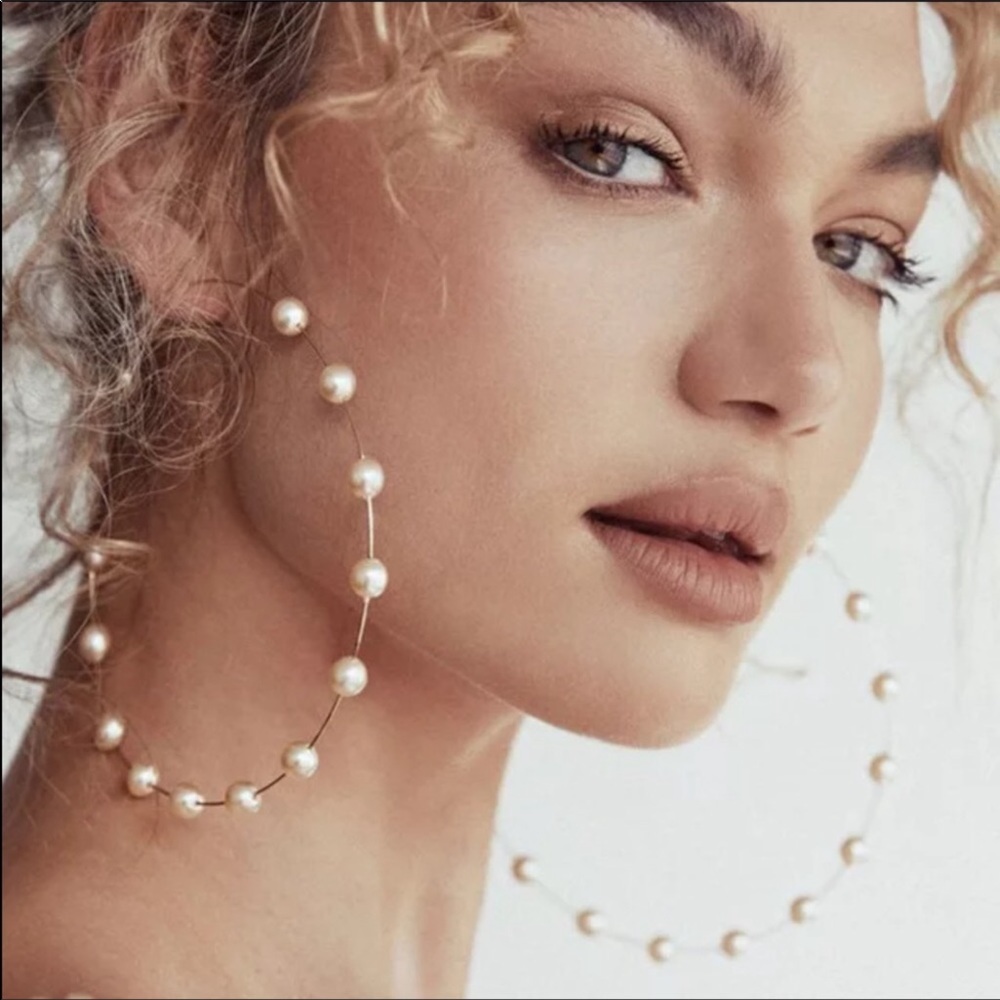 New Zara Large Threader Hoop Statement Earrings ~ Boho Pearl Accents ~ Hoops - Picture 2 of 14